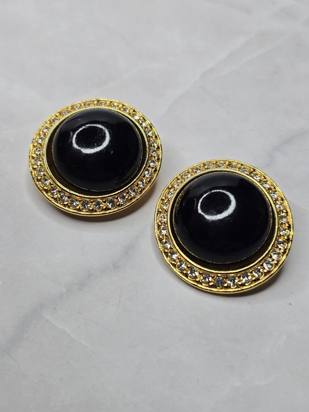 Embellished Gold Tone and Black Round Clip Earrings